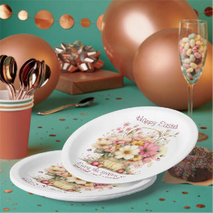 Happy Easter Spring Pink and Yellow Flowers Paper Plates