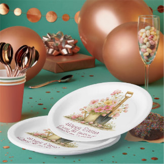 Happy Easter Spring Pink and Yellow Flowers Spade Paper Plates