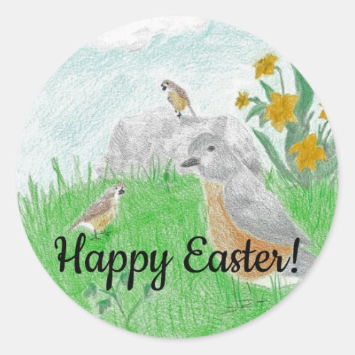 Happy Easter Spring Robins Classic Round Sticker