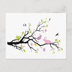 Happy Easter, spring tree with pink bunnies Holiday Postcard