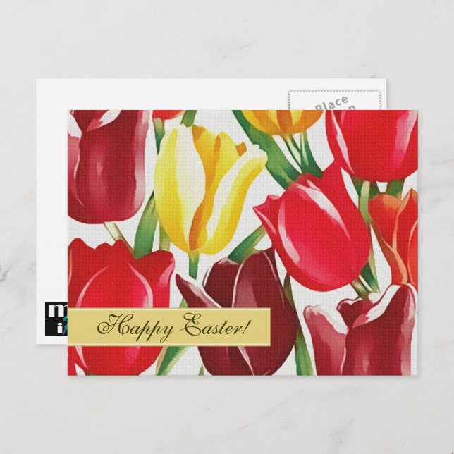 Happy Easter. Spring Tulips Painting Postcards (Front/Back)