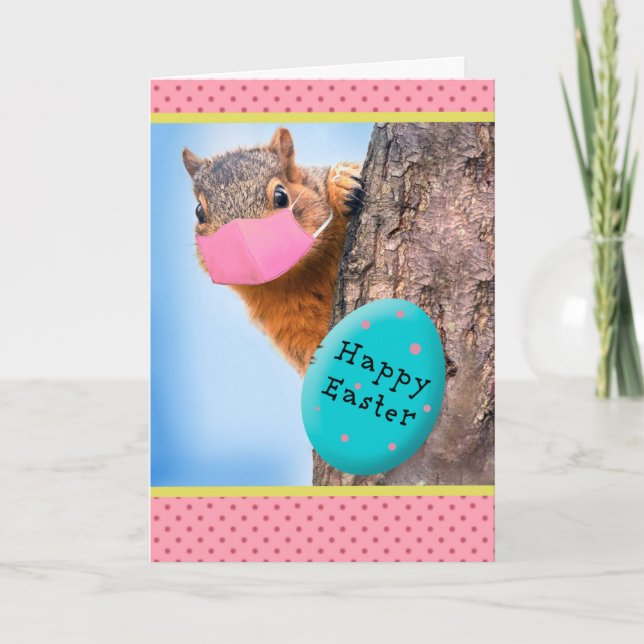 Happy Easter Squirrel in Pandemic Face Mask Humor Holiday Card (Front)