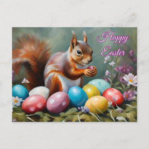 Happy Easter Squirrel with Easter Eggs, Flowers Holiday Postcard