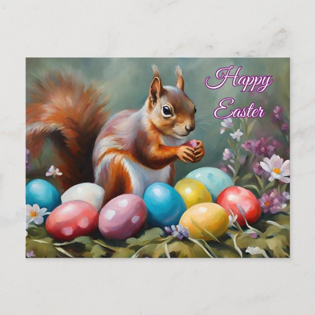 Happy Easter Squirrel with Easter Eggs, Flowers  Holiday Postcard (Front)