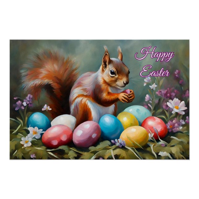 Happy Easter Squirrel with Easter Eggs, Flowers  Poster (Front)