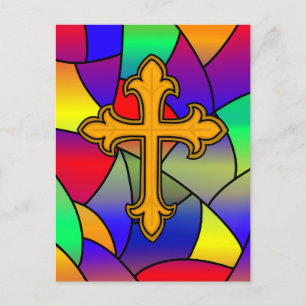 Happy Easter Stained Glass and Cross Postcard