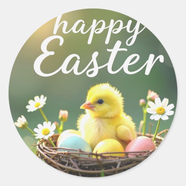 Happy Easter sticker with a little chick in a nest (Front)