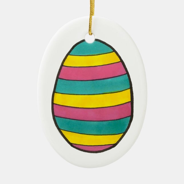 Happy Easter Striped Painted Egg Hunt Egg Ceramic Ornament (Front)