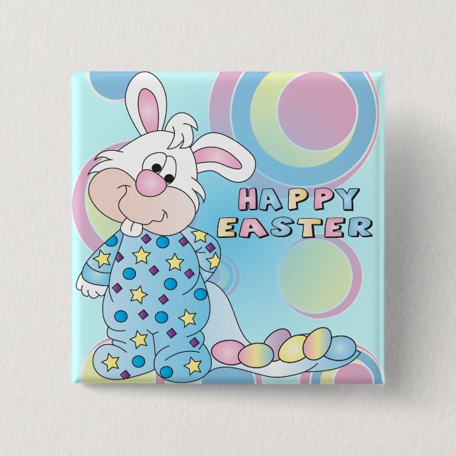 Happy Easter Sweet Bunny Boy with Eggs Pinback Button (Front)