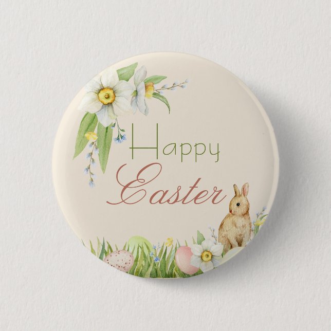 Happy Easter Sweet Bunny Watercolor Floral Button (Front)