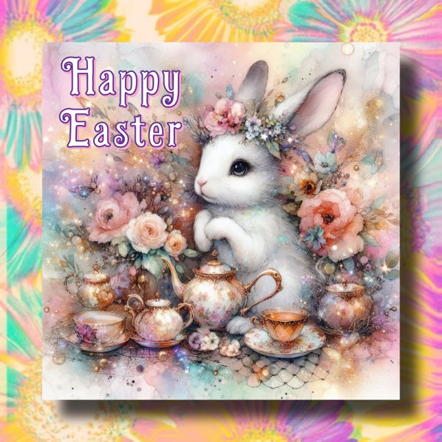 Happy Easter Tea Time Joy With Floral Bunny Holiday Card (Creator Uploaded)