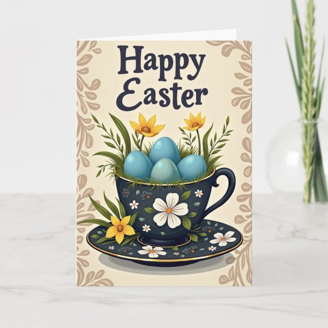 Happy Easter Teacup Spring Card (Front)