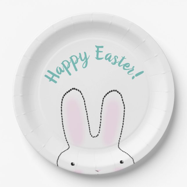 Happy Easter teal cute Easter Bunny custom script Paper Plates (Front)