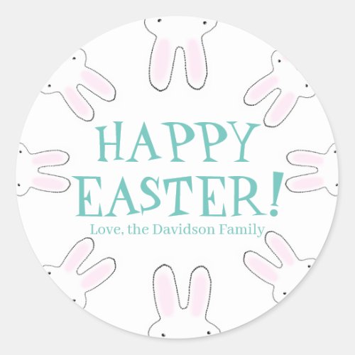 Happy Easter teal white custom cute bunnies fun Classic Round Sticker