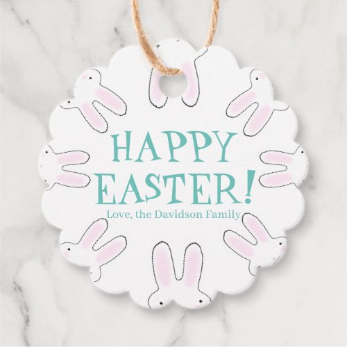 Happy Easter teal white custom text cute bunnies Favor Tags