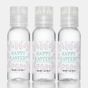 Happy Easter teal white custom text cute bunnies Hand Sanitizer
