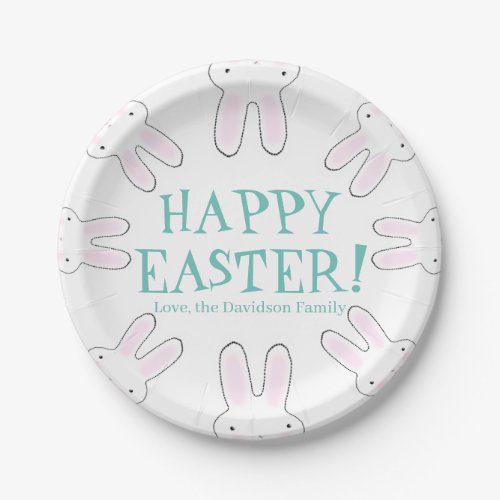 Happy Easter teal white custom text cute bunnies Paper Plates