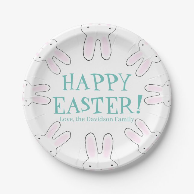 Happy Easter teal white custom text cute bunnies Paper Plates (Front)