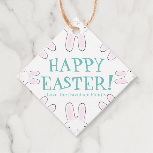 Happy Easter teal white cute bunnies custom text Favor Tags