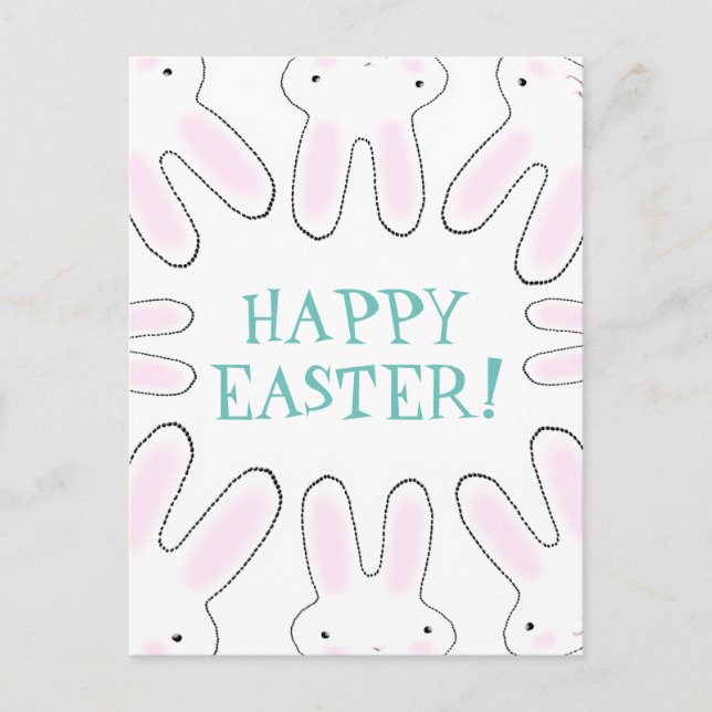 Happy Easter teal white cute bunny bunnies funny Holiday Postcard (Front)