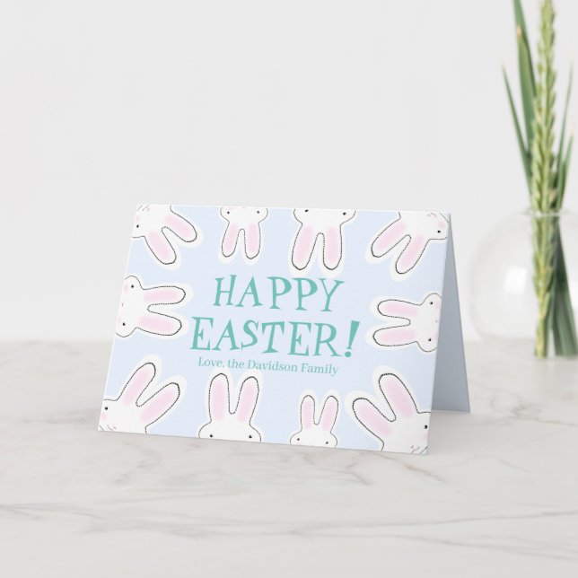 Happy Easter teal white cute bunny personalized  Card (Front)
