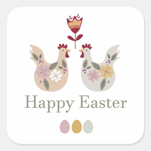 Happy Easter templates with eggs, flowers, chicken Square Sticker (Front)