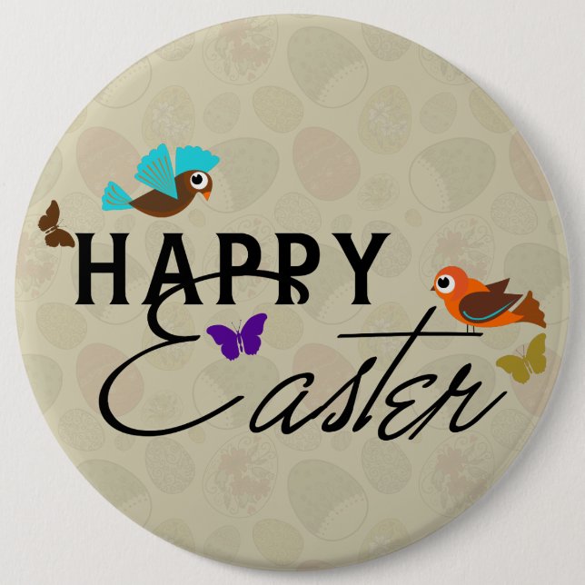 Happy Easter Text Design With Butterflies & Birds Button (Front)