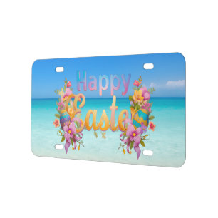 Happy Easter Text Tropical Beach Themed License Plate