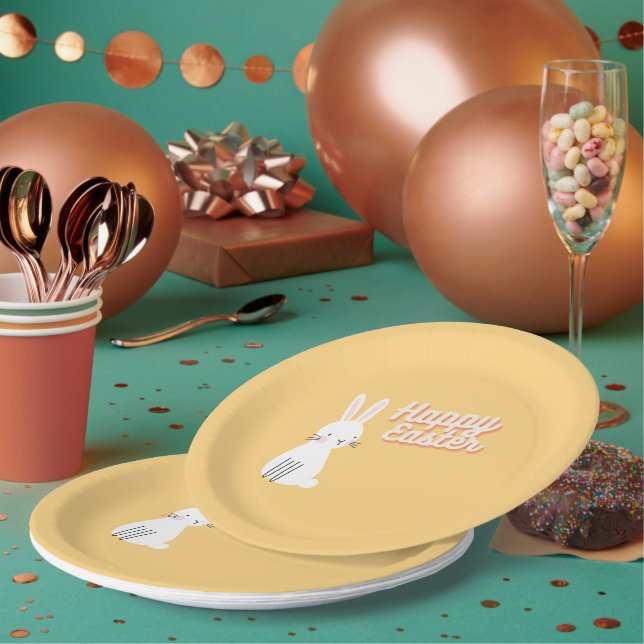 Happy Easter text with bunny orange Paper Plates (Multi)