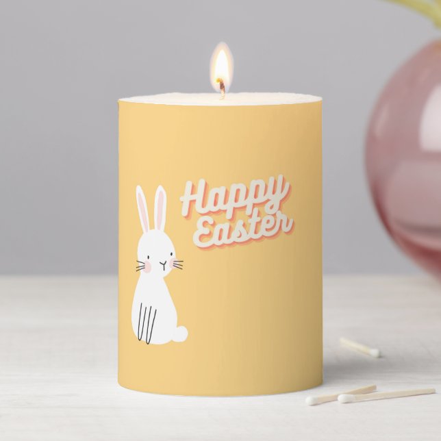 Happy Easter text with bunny orange Pillar Candle (In Situ)