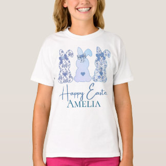 Happy Easter Three Bunny Floral Blue Personalized  T-Shirt
