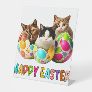 Happy Easter Three Cat Colorful Easter Eggs Kitty Pedestal Sign