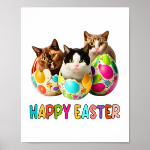 Happy Easter Three Cat Colorful Easter Eggs Kitty Poster