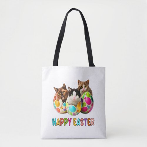 Happy Easter Three Cat Colorful Easter Eggs Kitty Tote Bag