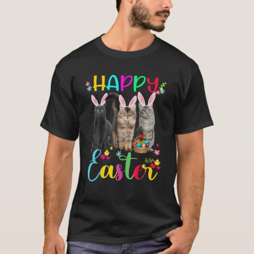 Happy Easter Three Cat Wearing Bunny Ears Basket K T_Shirt