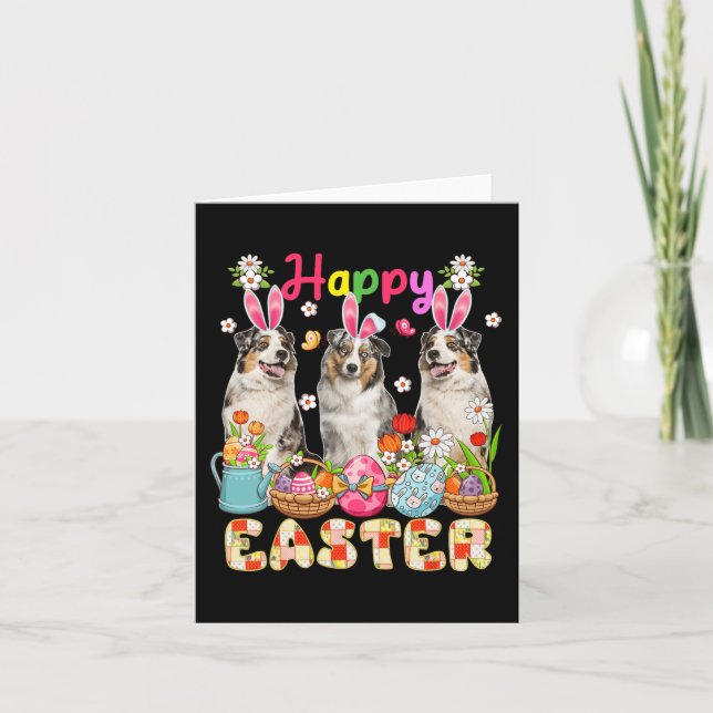 Happy Easter Three Cute Bunny Australian Shepherds Card (Front)