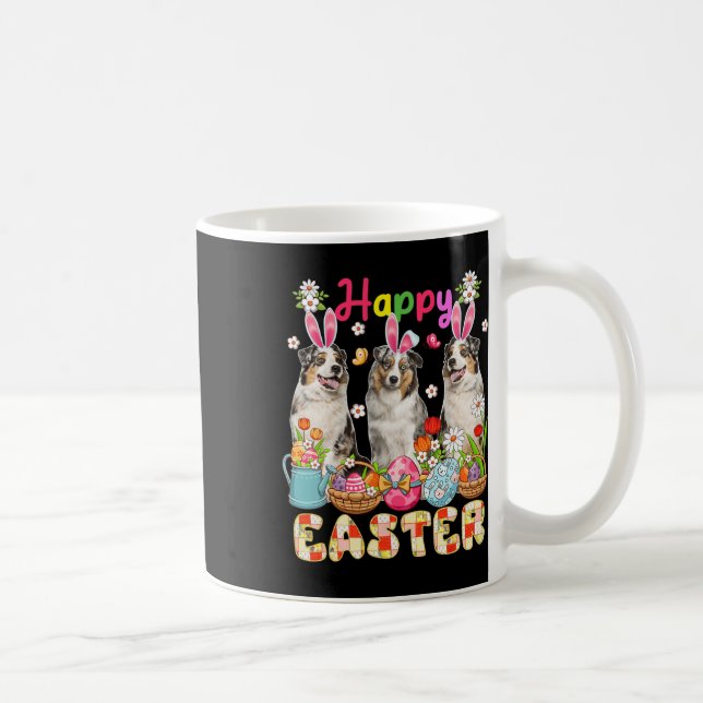 Happy Easter Three Cute Bunny Australian Shepherds Coffee Mug (Right)