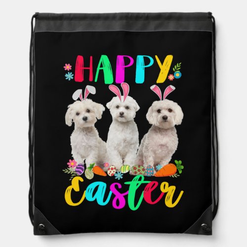 Happy Easter Three Maltese Wearing Bunny Ears Drawstring Bag