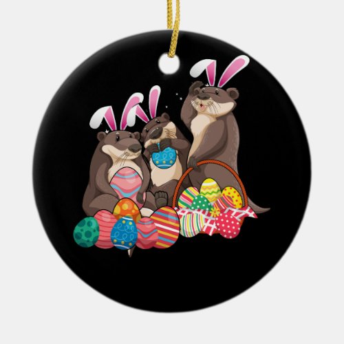 Happy Easter Three Otter Wearing Bunny Ear Otter L Ceramic Ornament