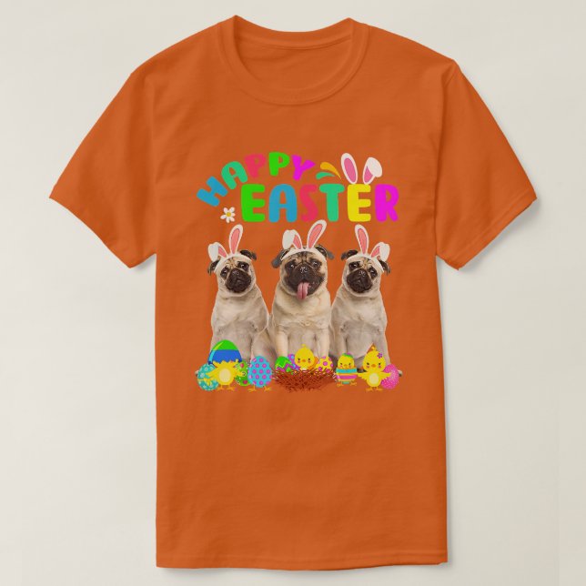 Happy Easter Three Pug Wearing Bunny Ear Pug Lover T-Shirt (Design Front)