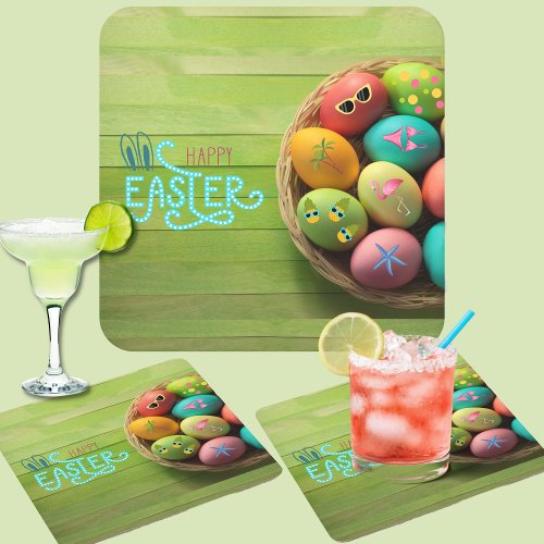Happy Easter Tropical Beach Coastal Home Decor  Square Paper Coaster