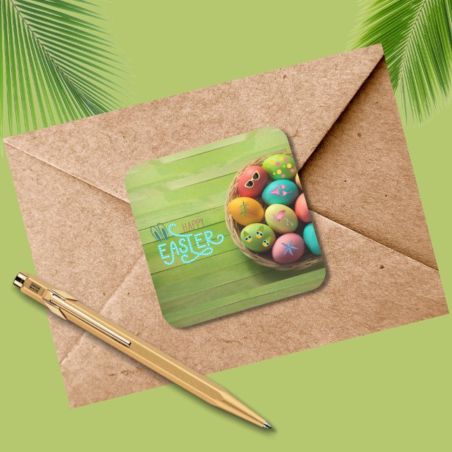 Happy Easter Tropical Beach Coastal Party Supplies Square Sticker (Creator Uploaded)