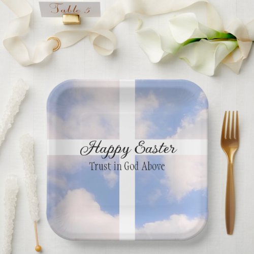 Happy Easter Trust in God Blue and White Paper Plates