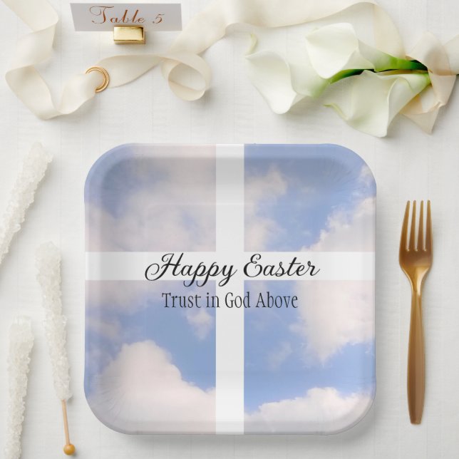 Happy Easter Trust in God Blue and White Paper Plates (Wedding)