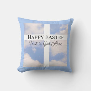 Happy Easter Trust in God Blue and White Throw Pillow