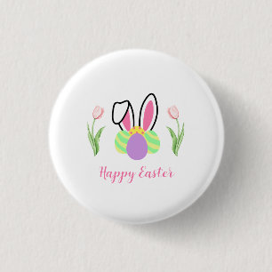 Happy Easter Tulip Flowers Bunny Ears and Eggs Button