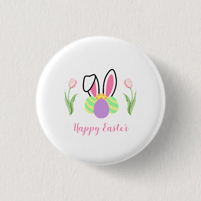 Happy Easter Tulip Flowers Bunny Ears and Eggs Button (Front)