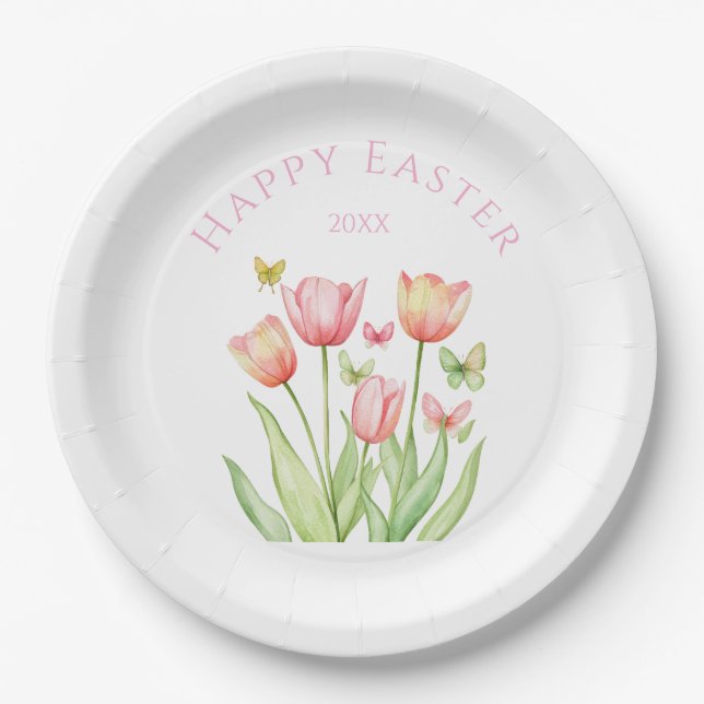 Happy Easter Tulip  Paper Plates (Front)