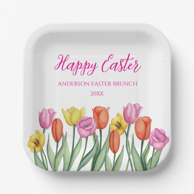 Happy Easter Tulip  Paper Plates (Front)