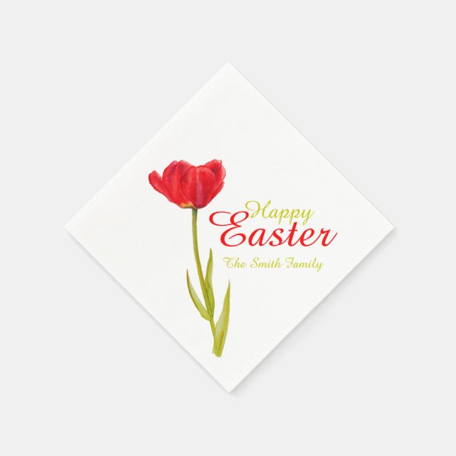 Happy Easter tulip red spring name paper napkin (Corner)